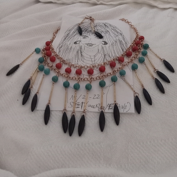 Handmade.Gold/and I black/Blue/Orange Stone Layered Necklace/Dangle Earrings Set - Picture 5 of 10